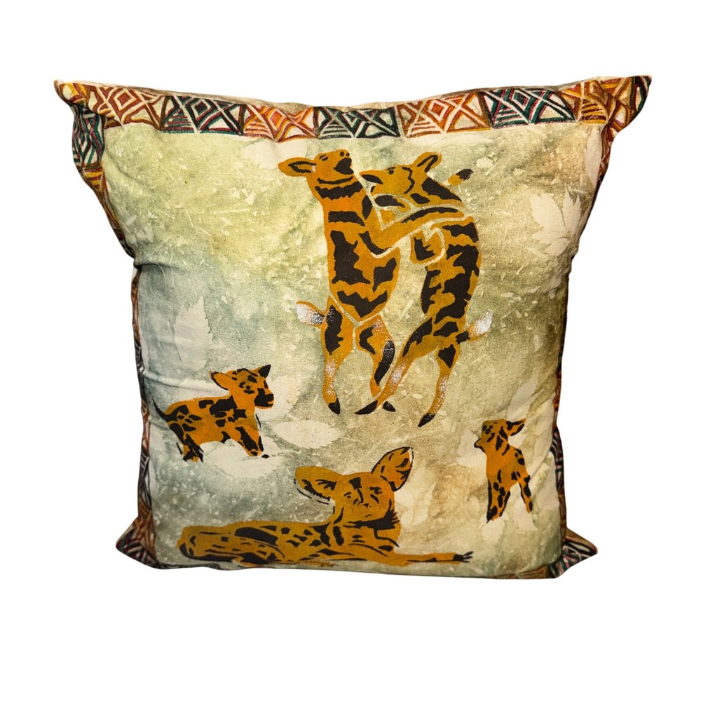 R. Makacha African Wild Dog Batik Pillow Green Tan 14x14 Artist Signed